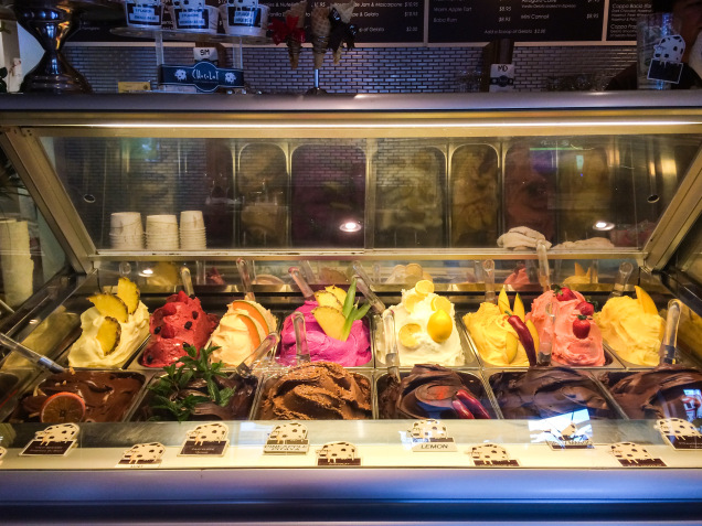 Chocolat’s gelato selection. Chocolat is a shop located in San Diego, California