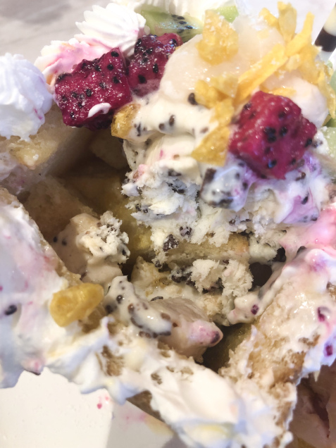 A close-up of a Toast Box dessert from Teamania Bakery, which is a bakery located in Rockville, Maryland.