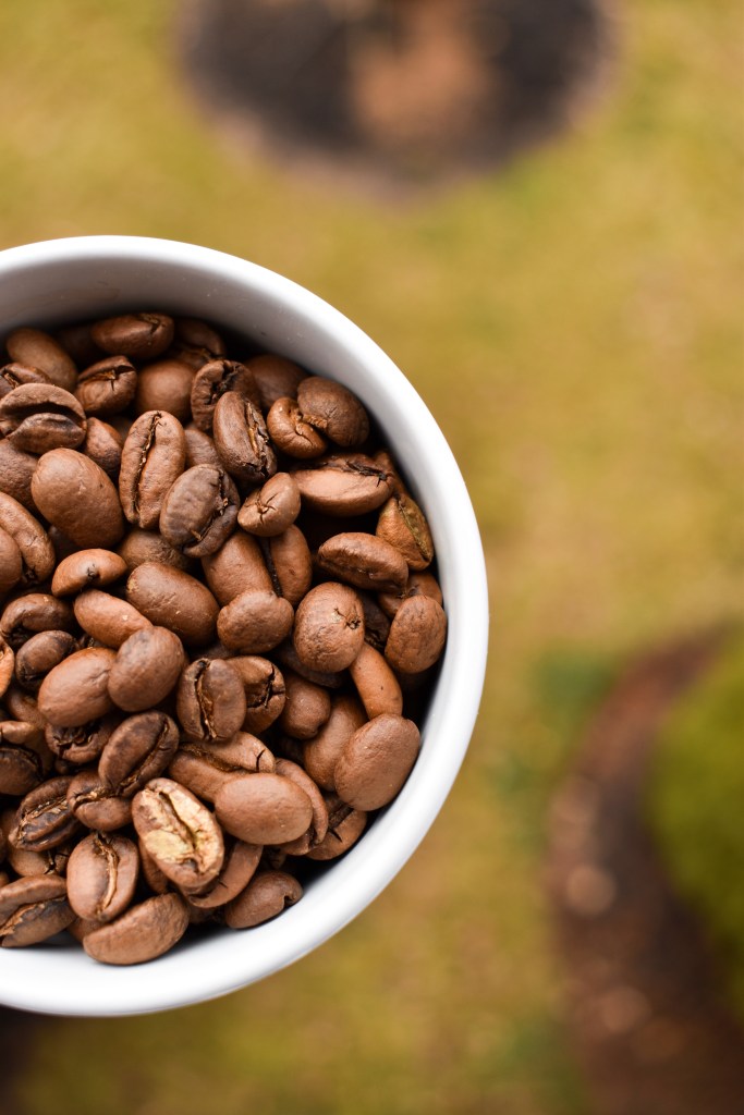 A coffee mug filled with whole coffee beans