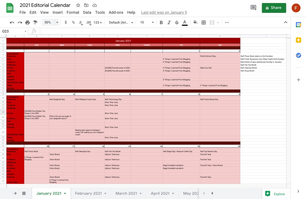 A screenshot of a spreadsheet with January 2021 post plan ideas