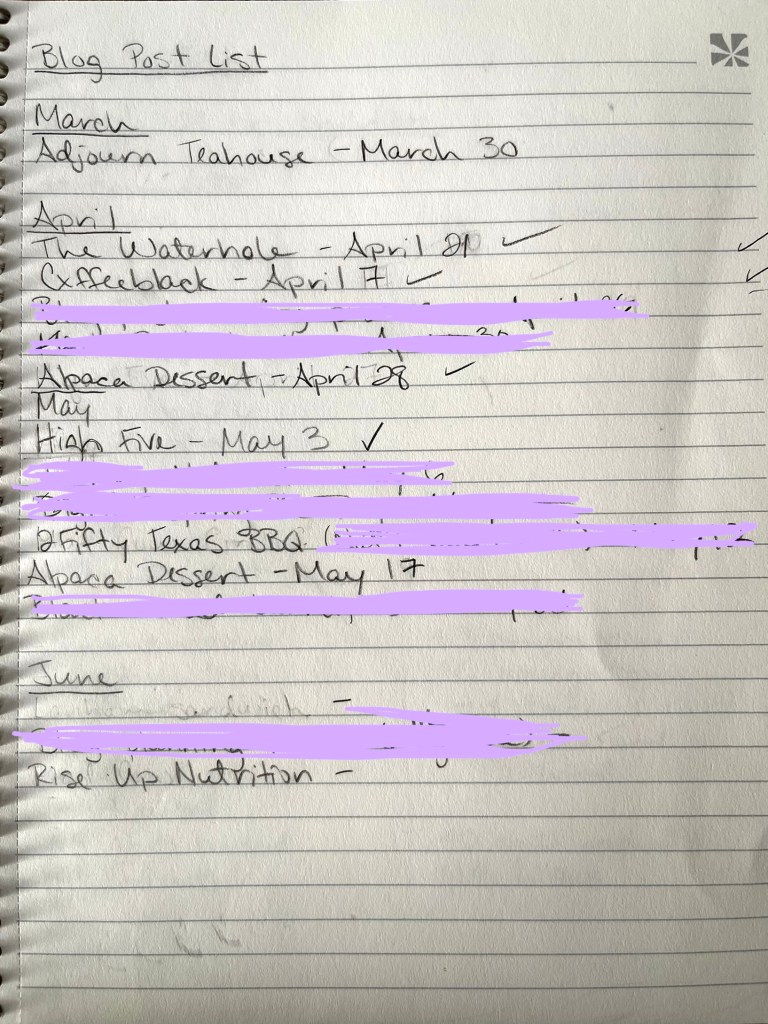 A list of blog posts in a blog planning notebook