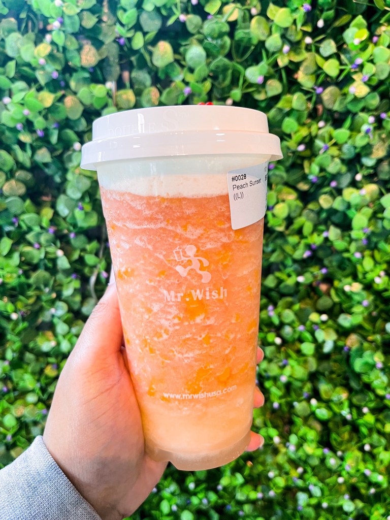 A Peach Sunset Smoothie from Mr. Wish, a tea shop in Falls Church, VA