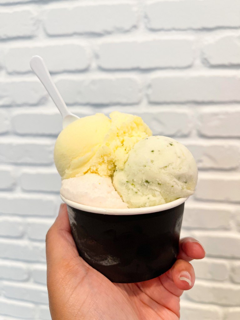 A hand holding a cup of gelato from La Gelatteria, a cafe in Maryland