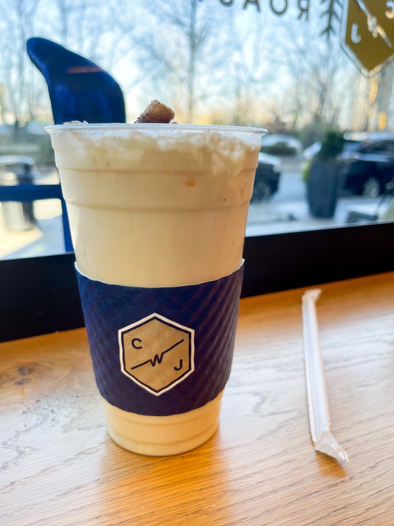 An eggnog latte from Commonwealth Joe's. Commonwealth Joe's is a coffee shop located in Arlington, VA.