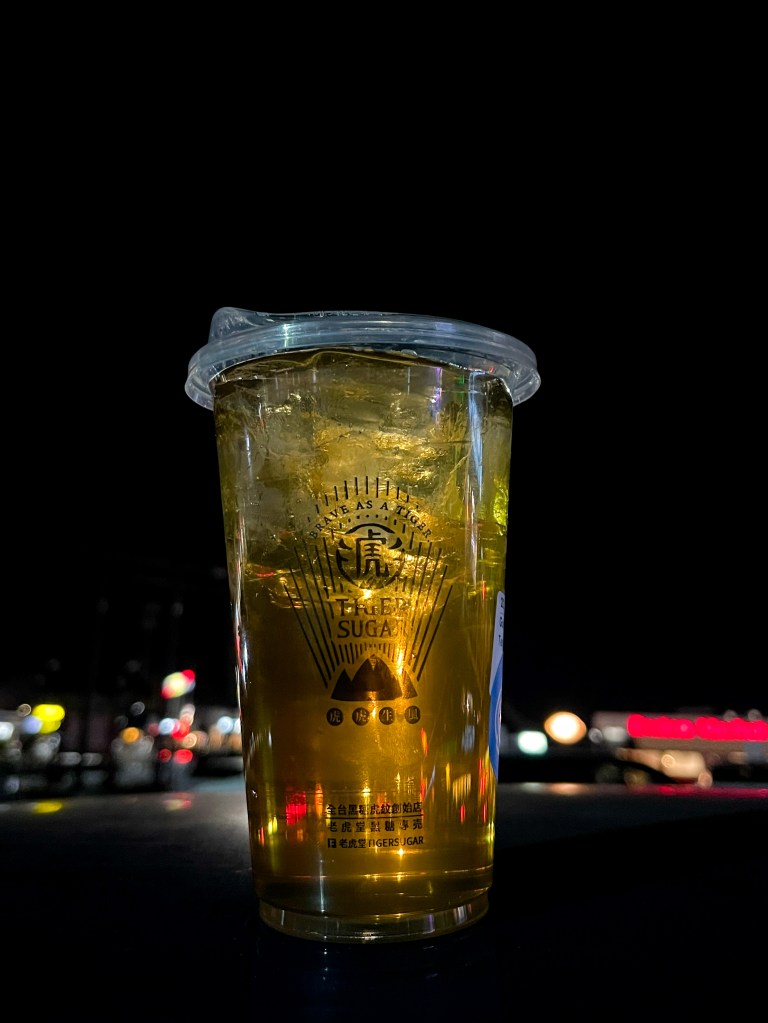 A cup of iced Golden Oolong Tea from Tiger Sugar. Tiger Sugar is a popular bubble tea shop in the United States.