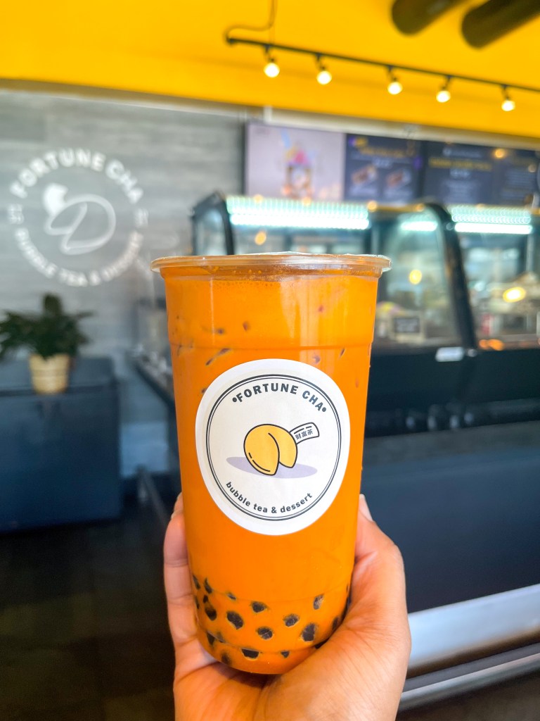 Thai Iced Tea from Fortune Cha, a boba tea shop located in Alexandria, Virginia