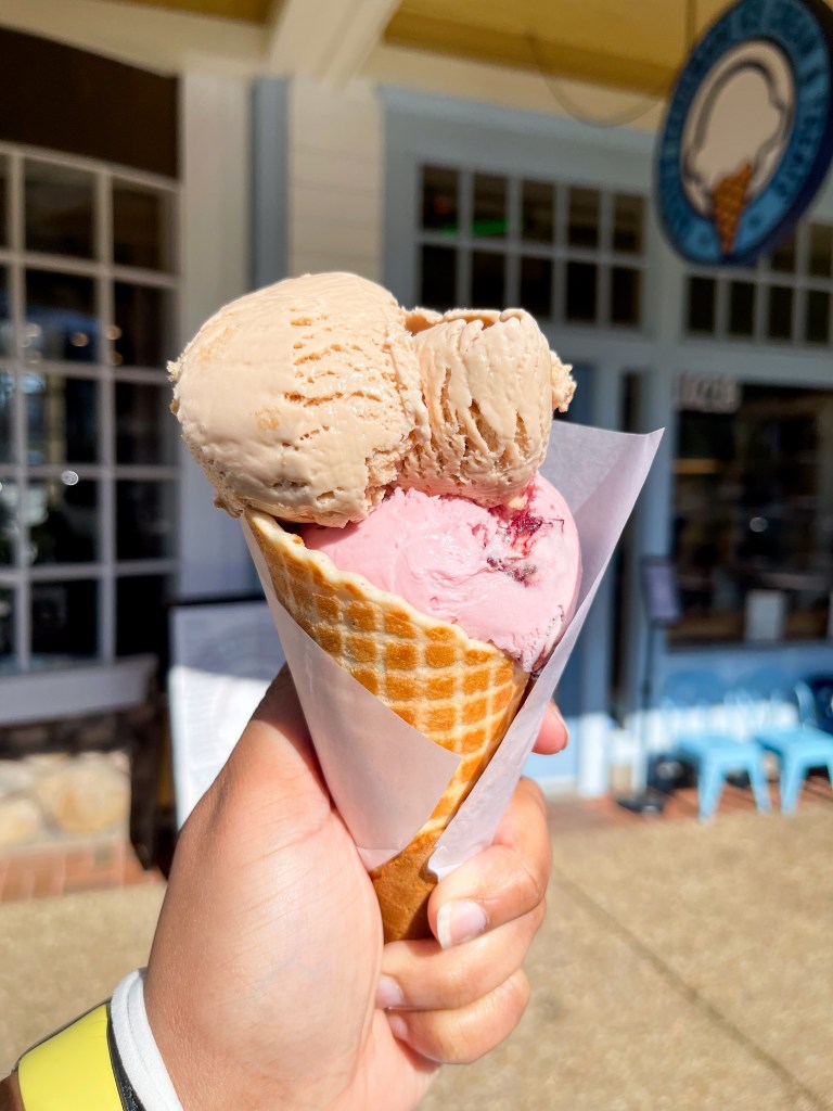 A hand holding an ice cream cone with two scoops from Sarah's Homemade Ice Cream in Bethesda, Maryland